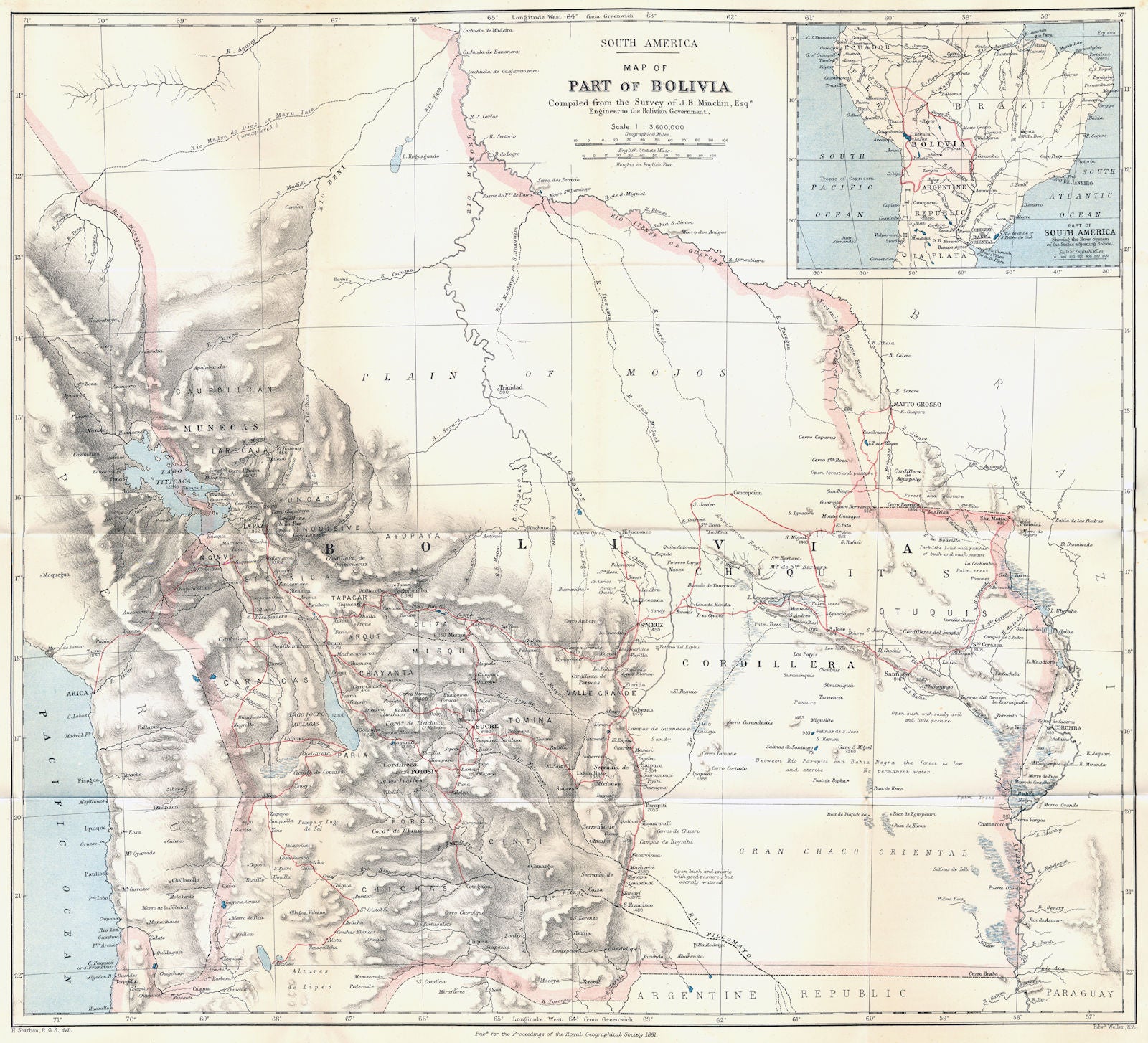 BOLIVIA. Pre War of the Pacific border changes. Surveyed Minchin. RGS 1881 map